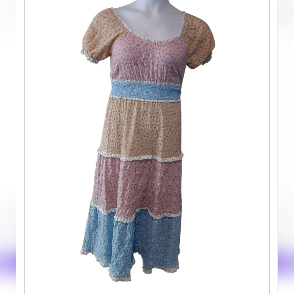 Betsey Johnson Colorblocked Ditsy-Print Midi Dress Sz S